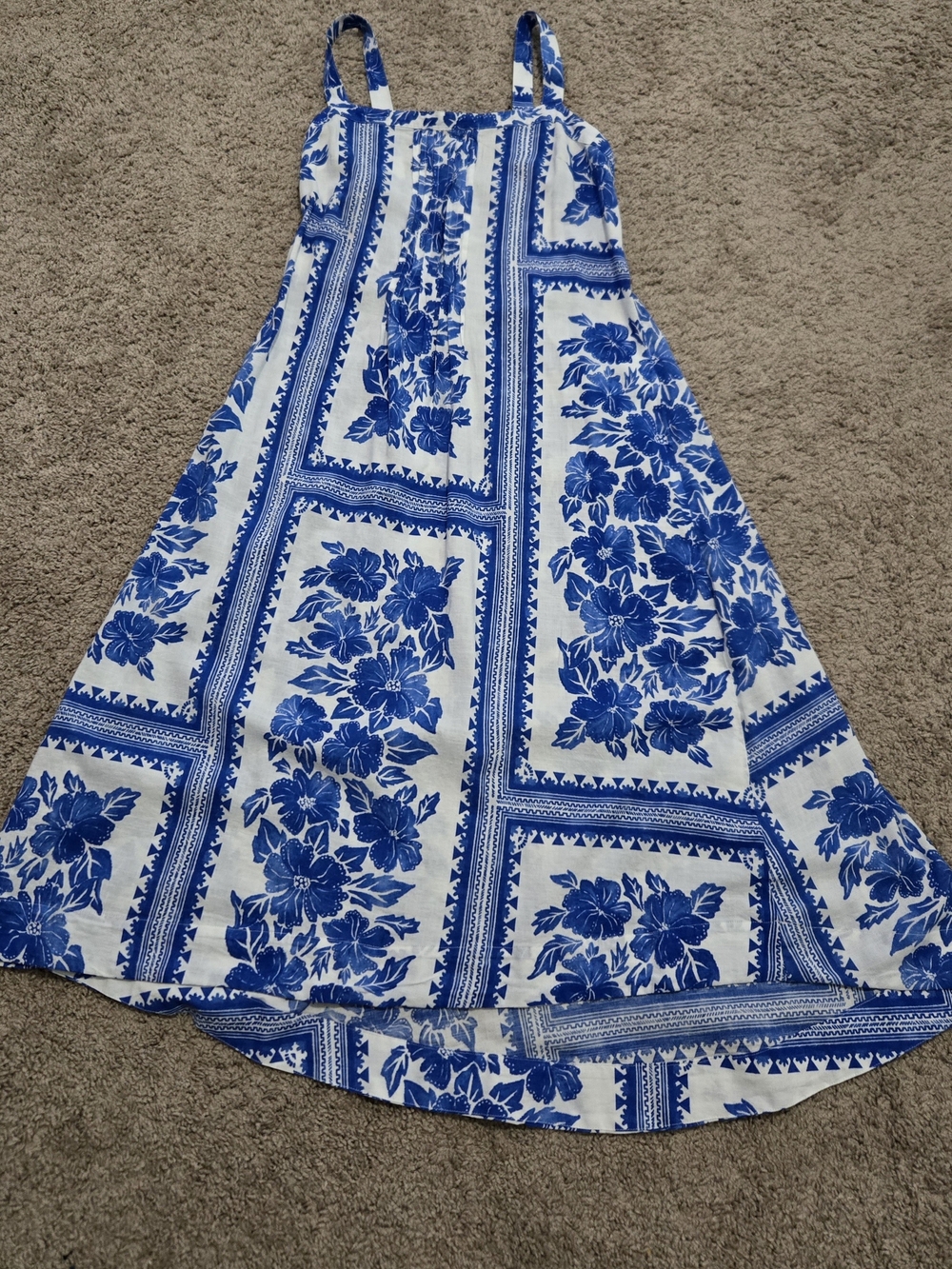 Blue & White Floral Maxi Sundress with Adjustable Straps
